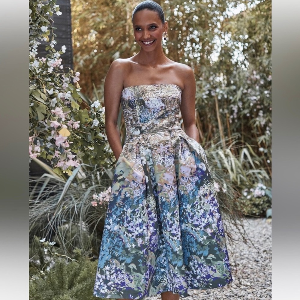 LIKE NEW White House Black Market Strapless Watercolor Floral Bridal Dress